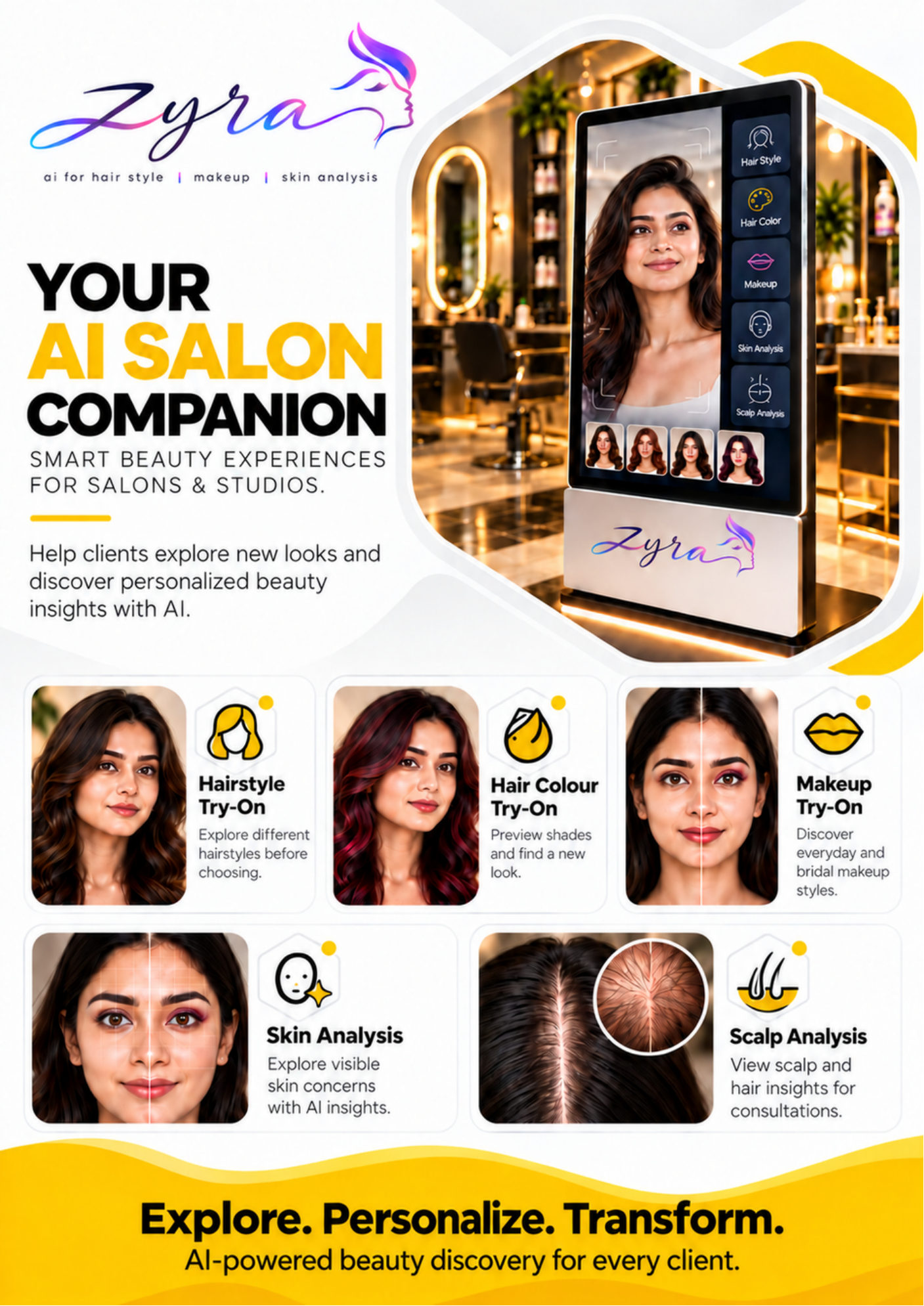 Zyra – your AI salon companion: hairstyle, hair colour and makeup try-on, skin and scalp analysis.