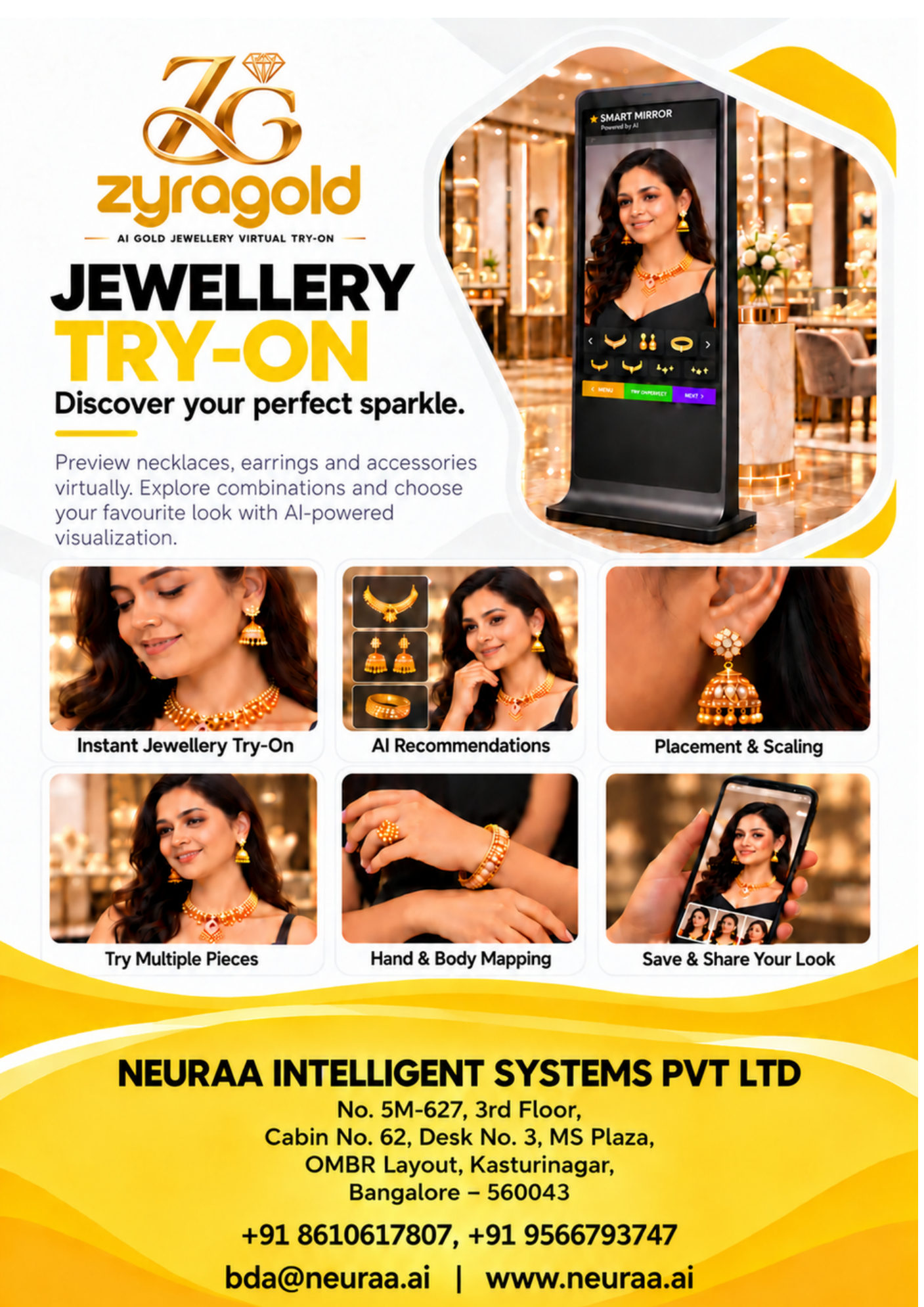 ZyraGold – AI jewellery virtual try-on: instant try-on, AI recommendations, placement and scaling, save and share.