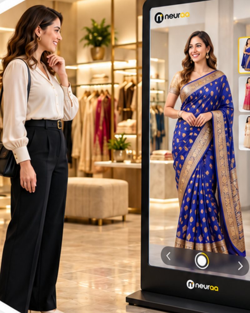 Shopper trying a saree on the Neuraa AI Smart Mirror in a fashion store