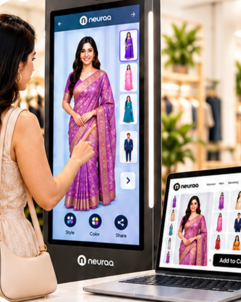 Shopper using the touch Smart Mirror, with the same try-on on laptop and phone