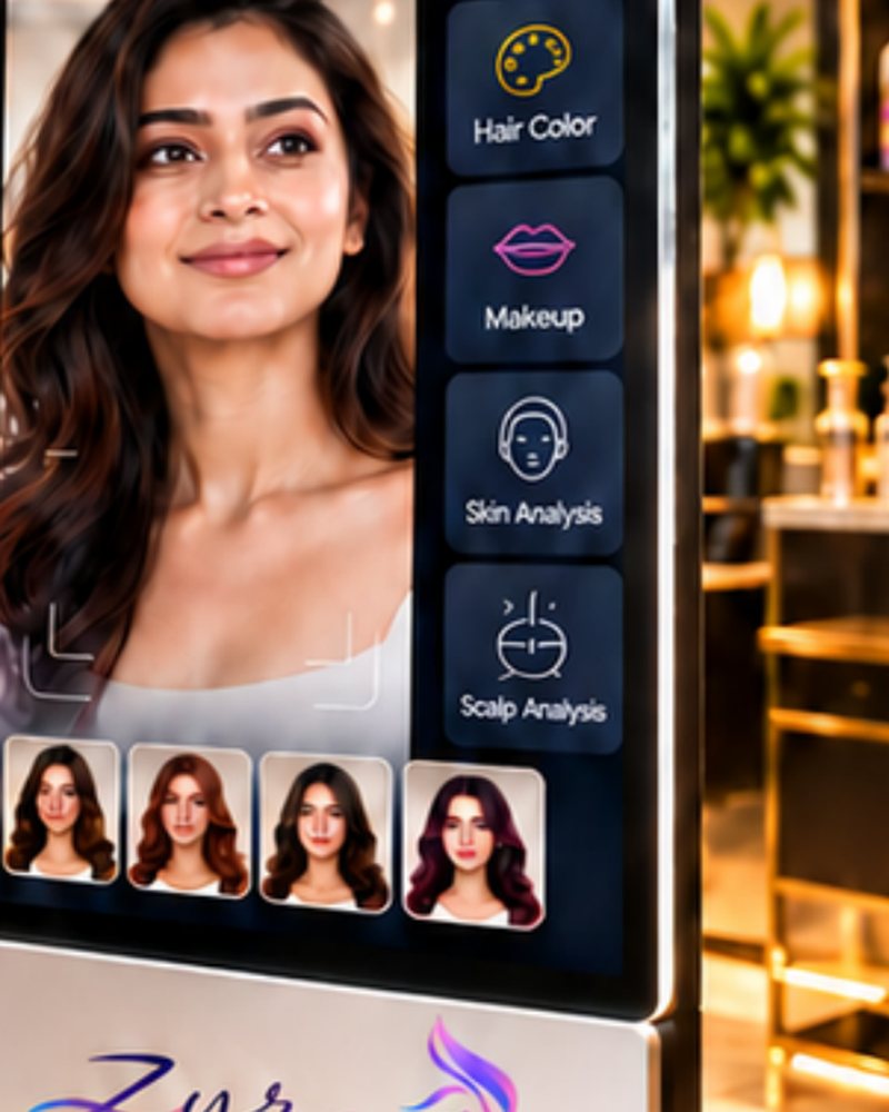 Zyra smart mirror showing hairstyle, hair colour, makeup and skin analysis