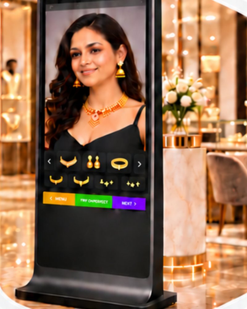 Smart mirror showing a gold necklace and earrings virtual try-on
